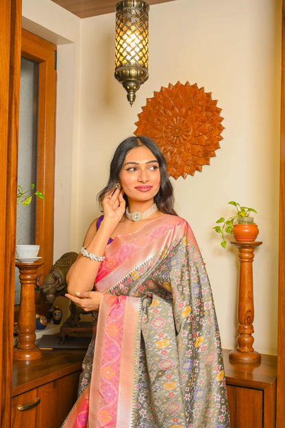 Grey and Pink Patola Handloom Saree
