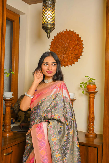 Grey and Pink Patola Handloom Saree