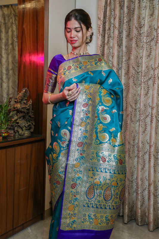 Greenish Blue Satin Silk Paithani Saree Look