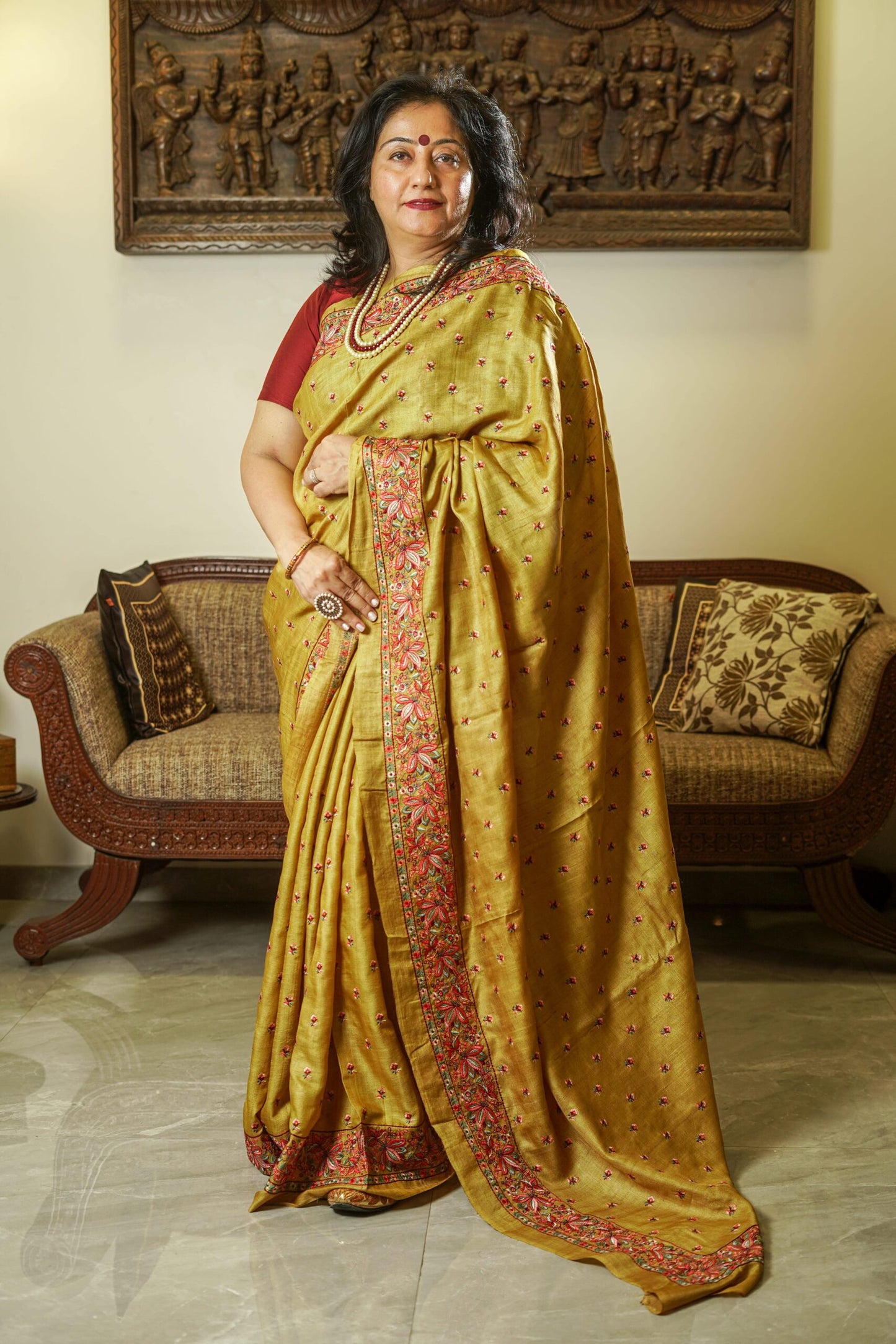 Mustard Yellow Tussar Silk Saree