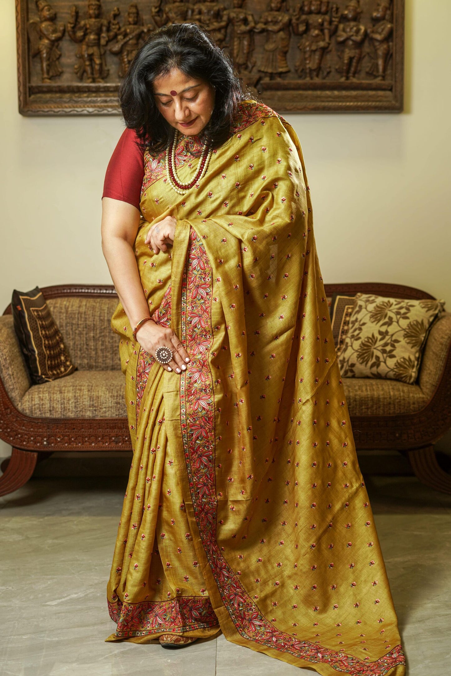 Mustard Yellow Tussar Silk Saree