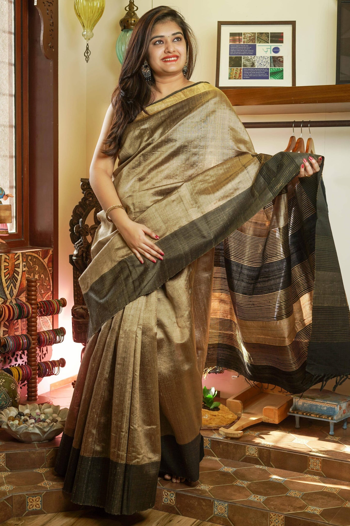 Dark Beige Muga Tussar Saree