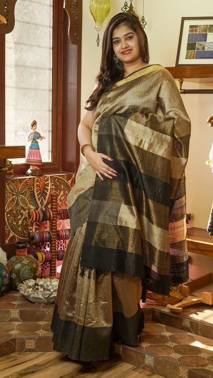 Dark Beige Muga Tussar Saree