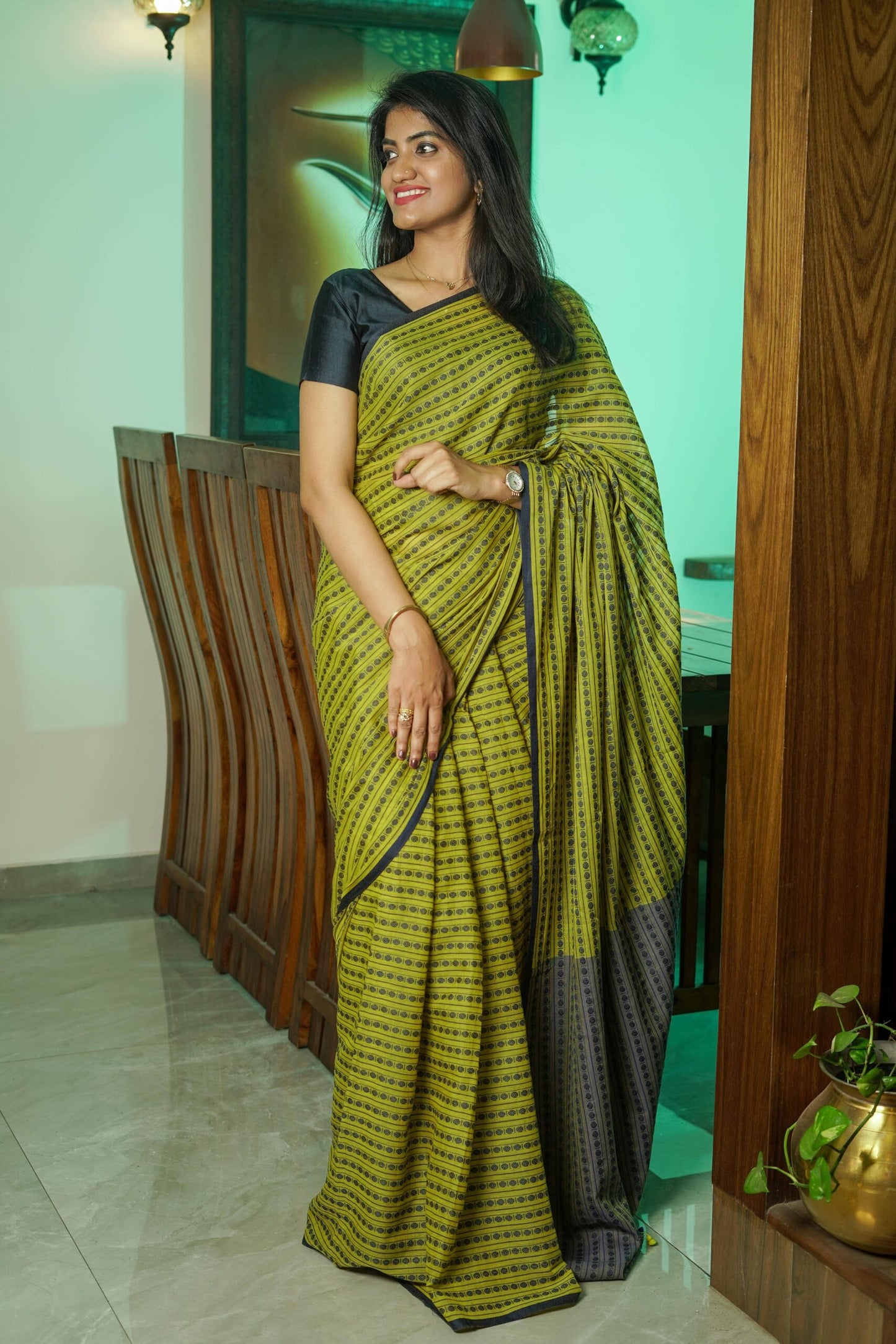 Yellowish Green and Blue Cotton Saree