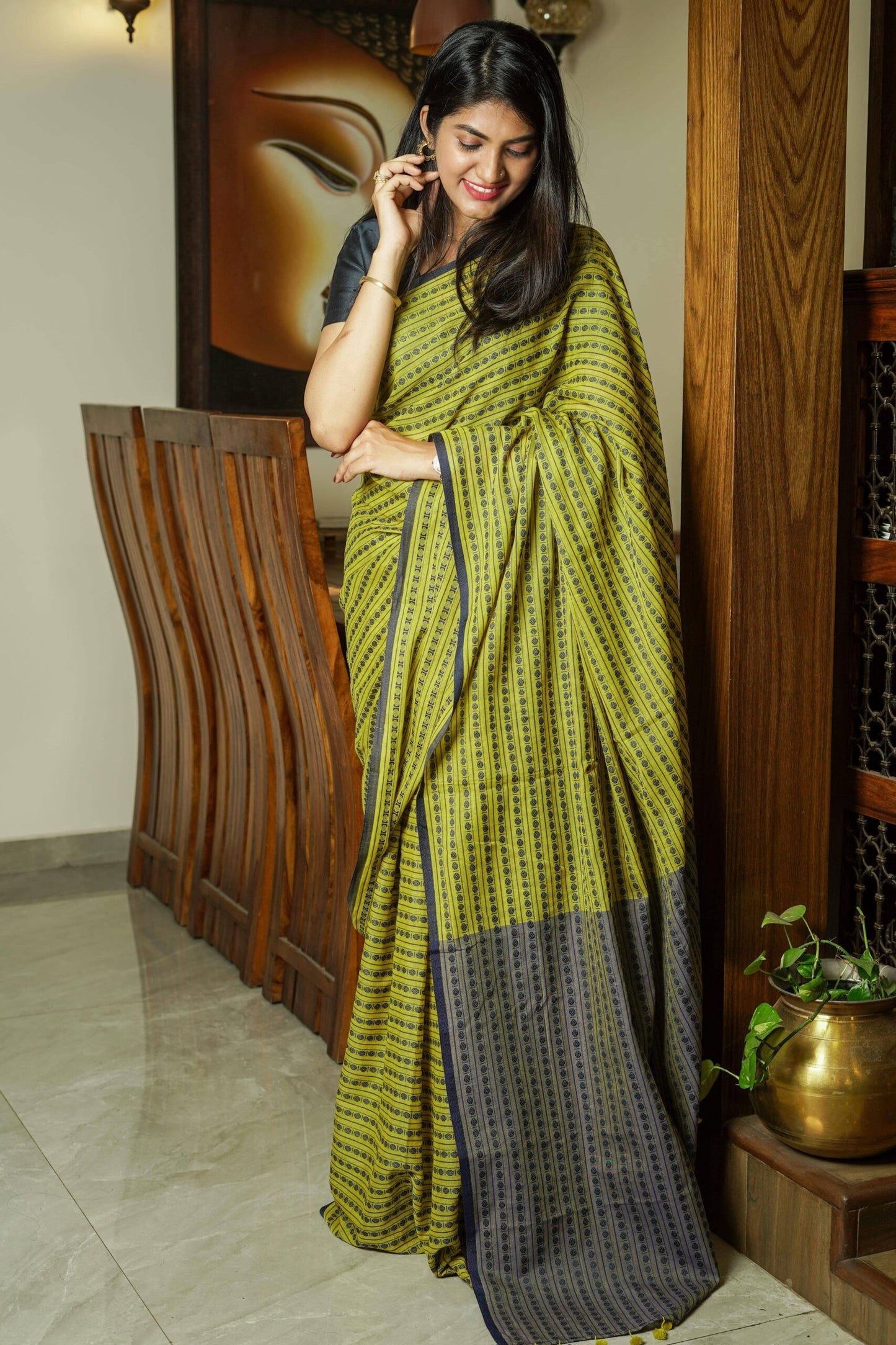 Yellowish Green and Blue Cotton Saree