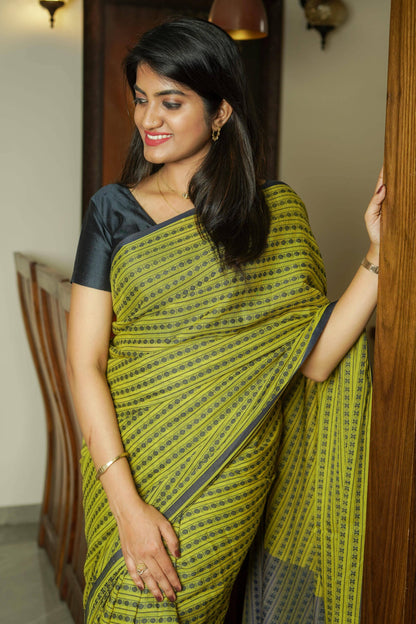 Yellowish Green and Blue Cotton Saree