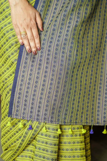 Yellowish Green and Blue Cotton Saree