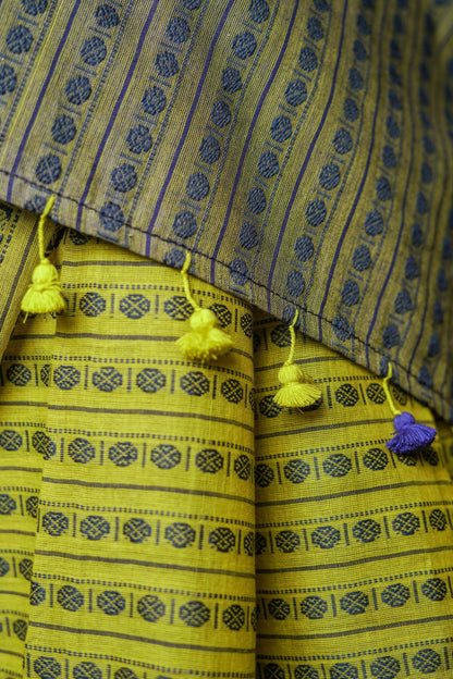 Yellowish Green and Blue Cotton Saree