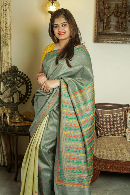 Grey and Pale Yellow Tussar Bishnupuri Silk Saree