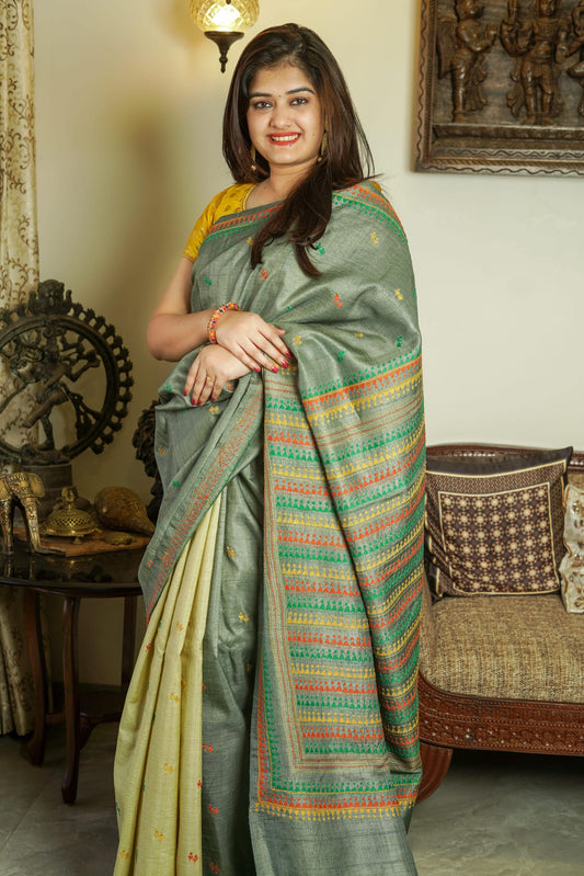 Grey and Pale Yellow Tussar Bishnupuri Silk Saree