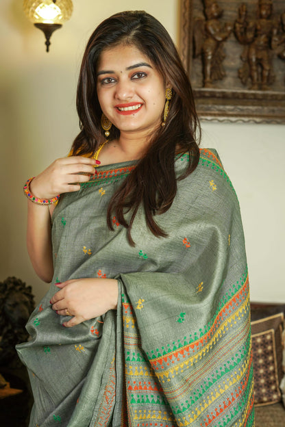 Grey and Pale Yellow Tussar Bishnupuri Silk Saree