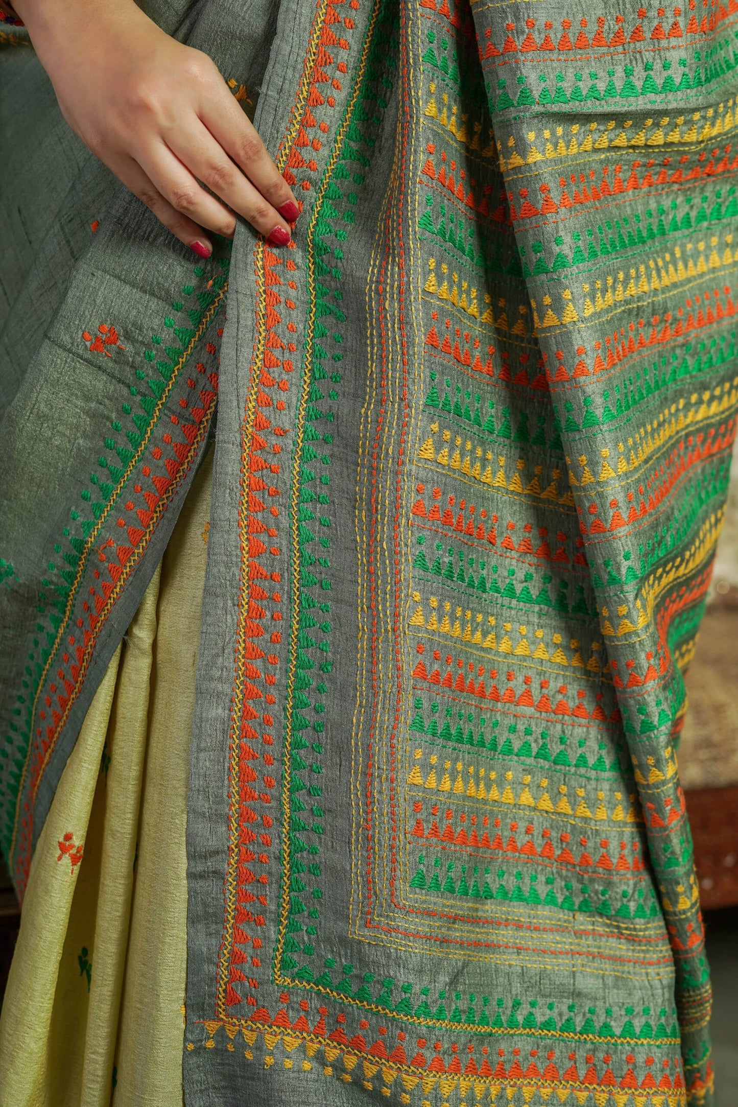 Grey and Pale Yellow Tussar Bishnupuri Silk Saree