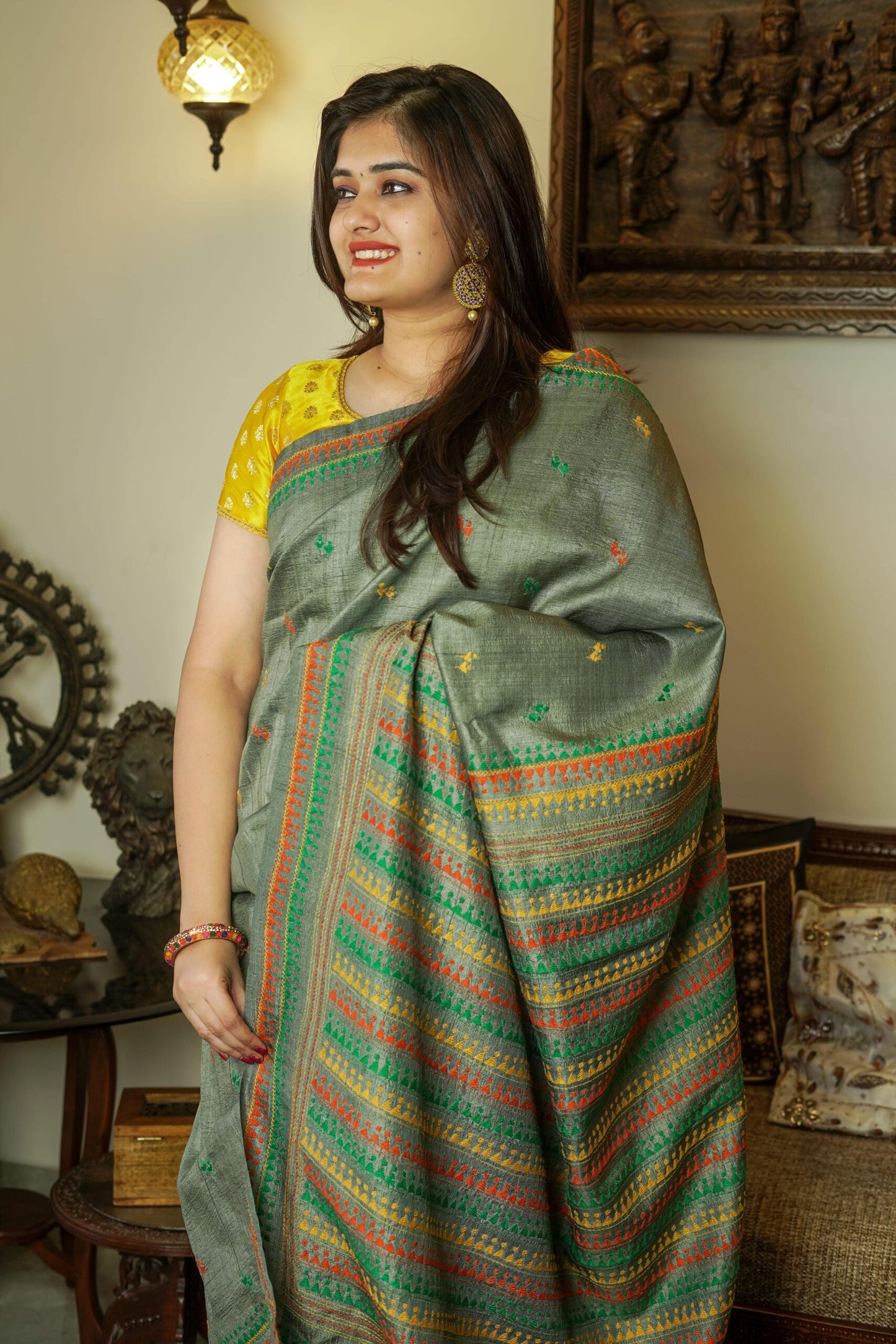 Grey and Pale Yellow Tussar Bishnupuri Silk Saree