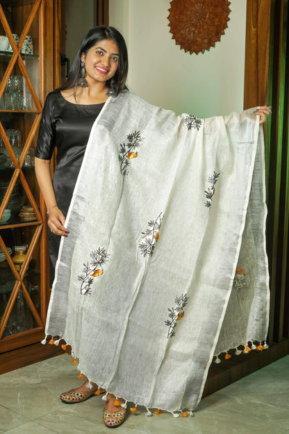 White & Orange Linen Cotton Dupatta