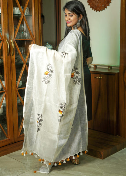 White & Orange Linen Cotton Dupatta