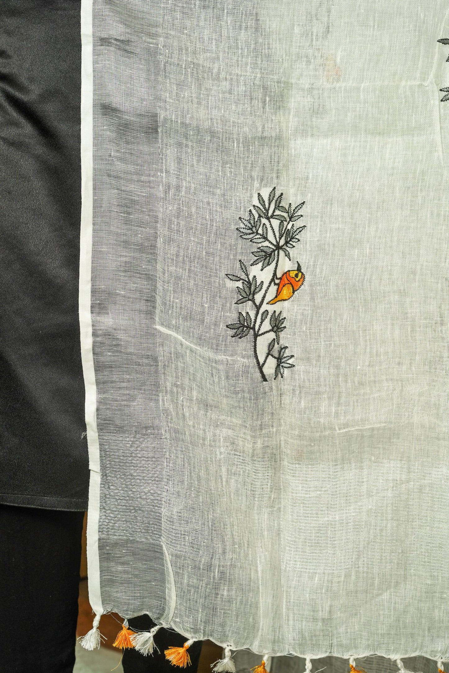 White & Orange Linen Cotton Dupatta