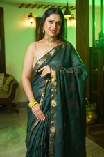 Load image into Gallery viewer, Deep Green Cotton Silk Saree
