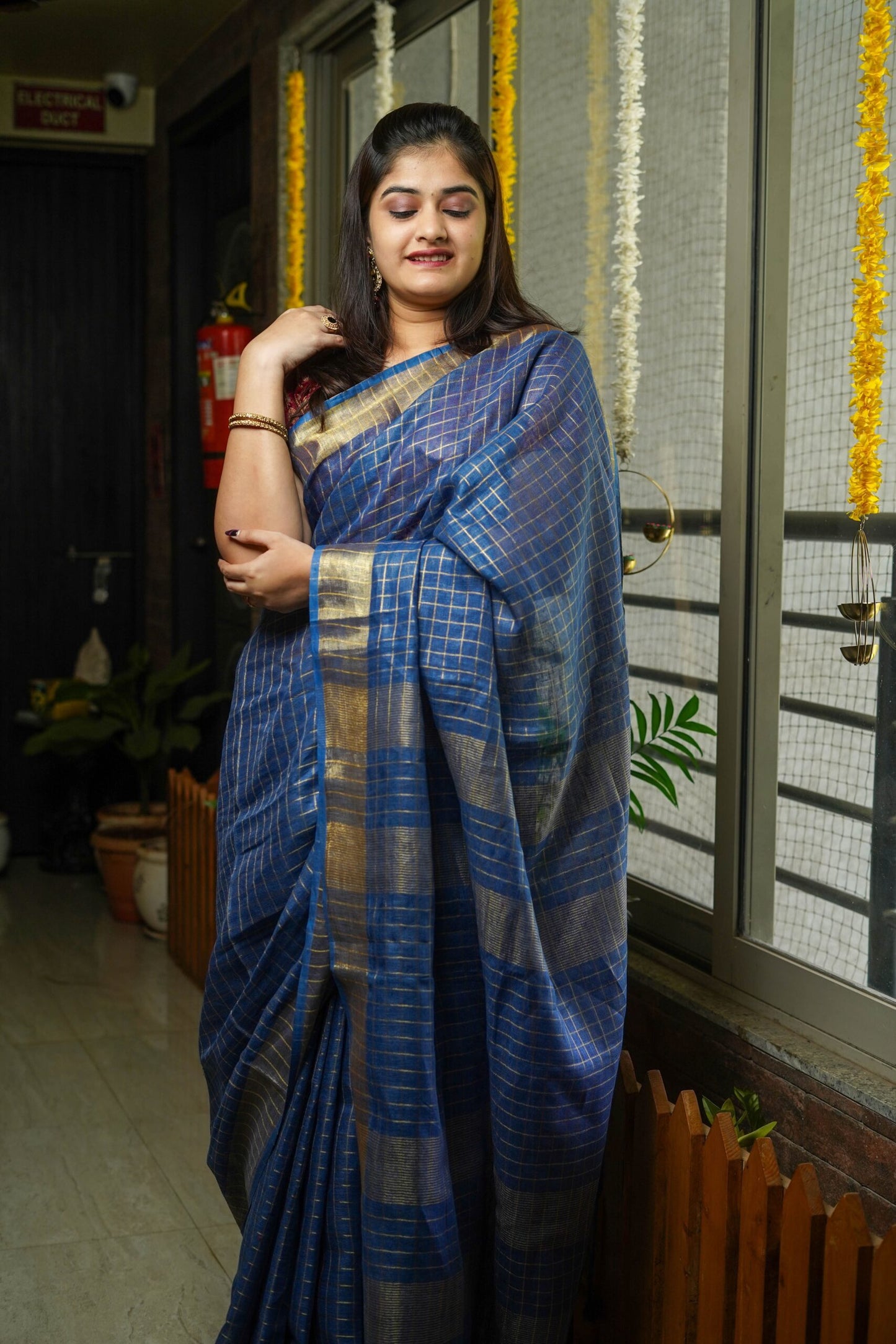 Lochmara blue Linen Saree