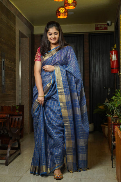 Lochmara blue Linen Saree