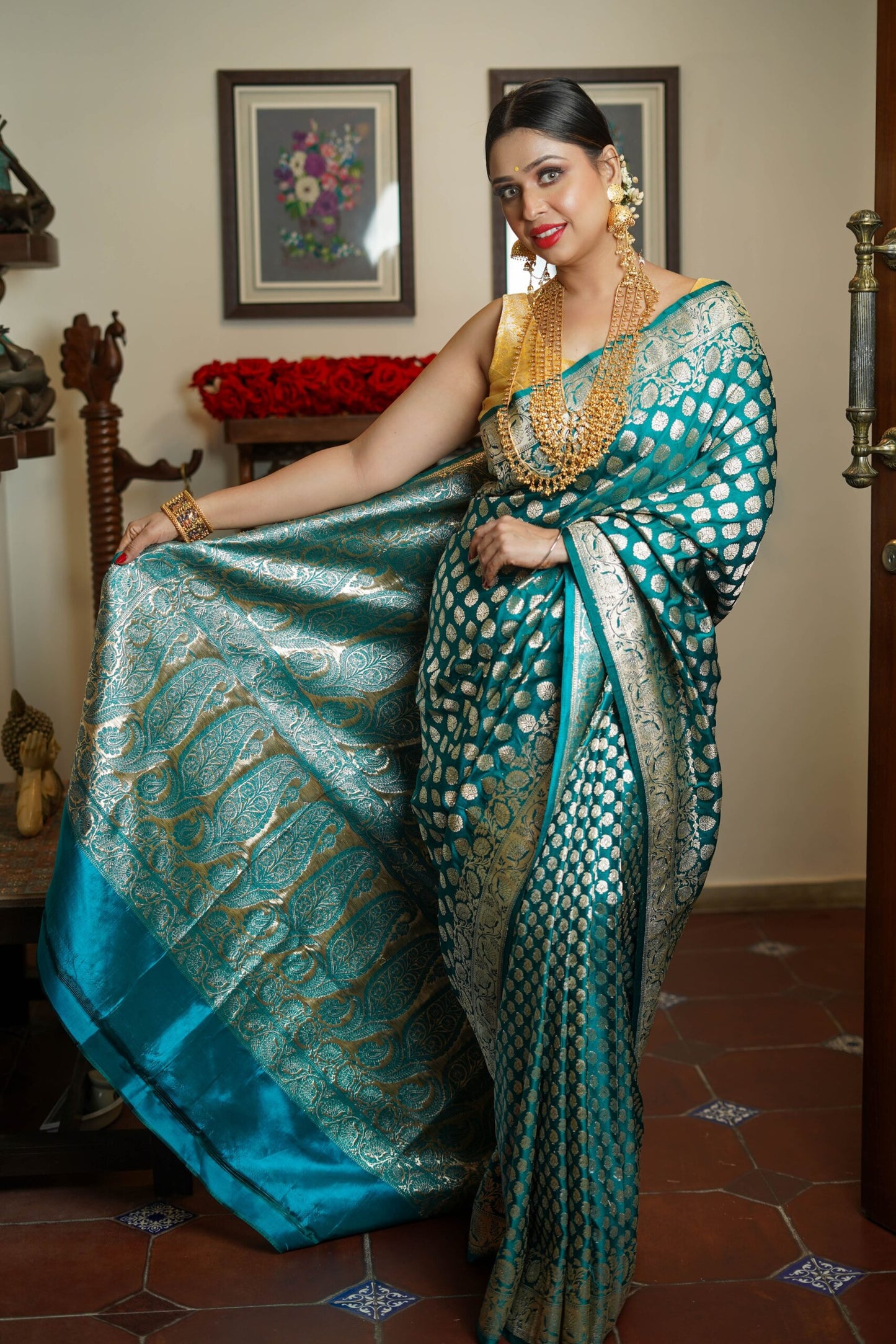 Rama Green Satin Silk Saree