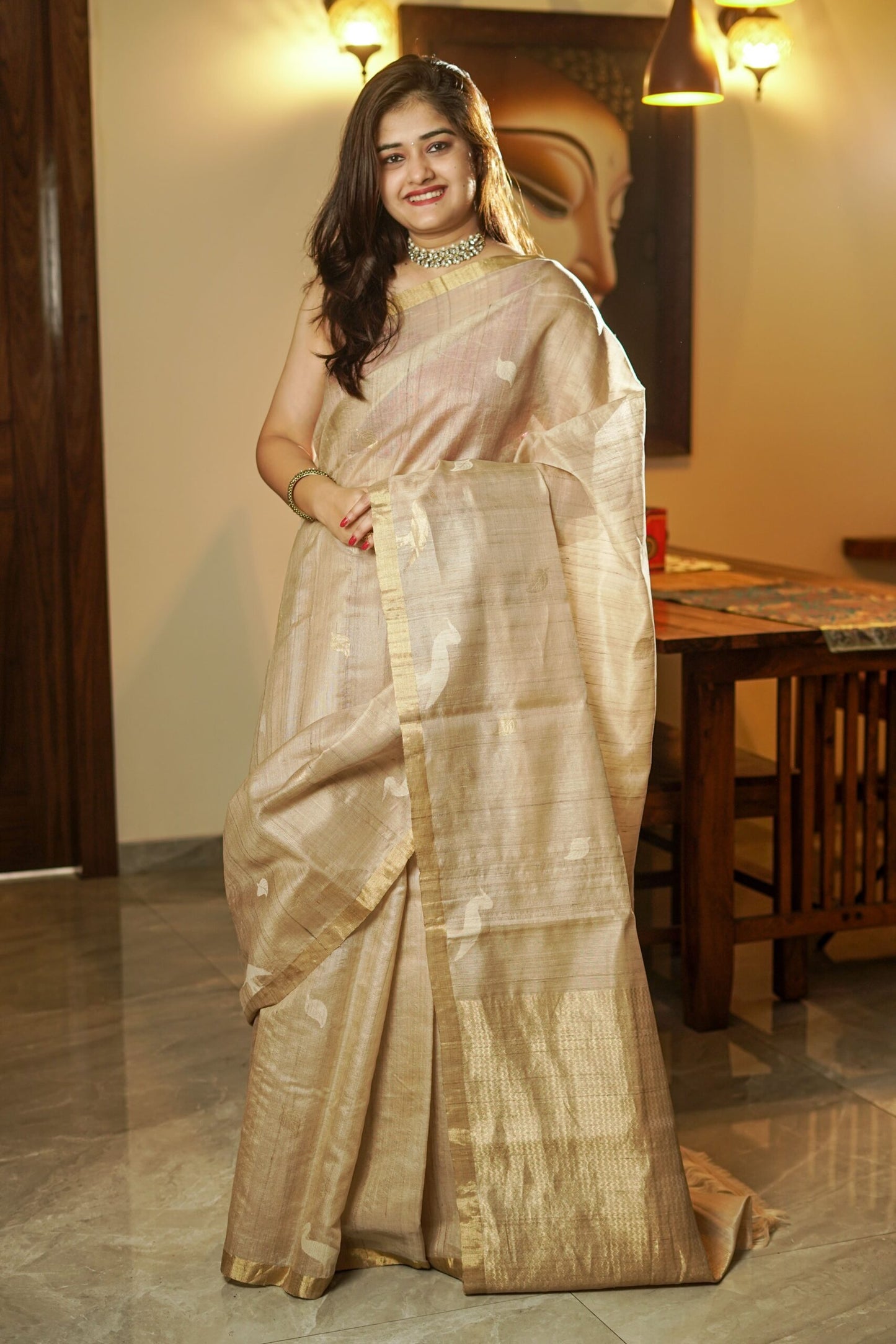 Beige Tussar Handwoven Saree