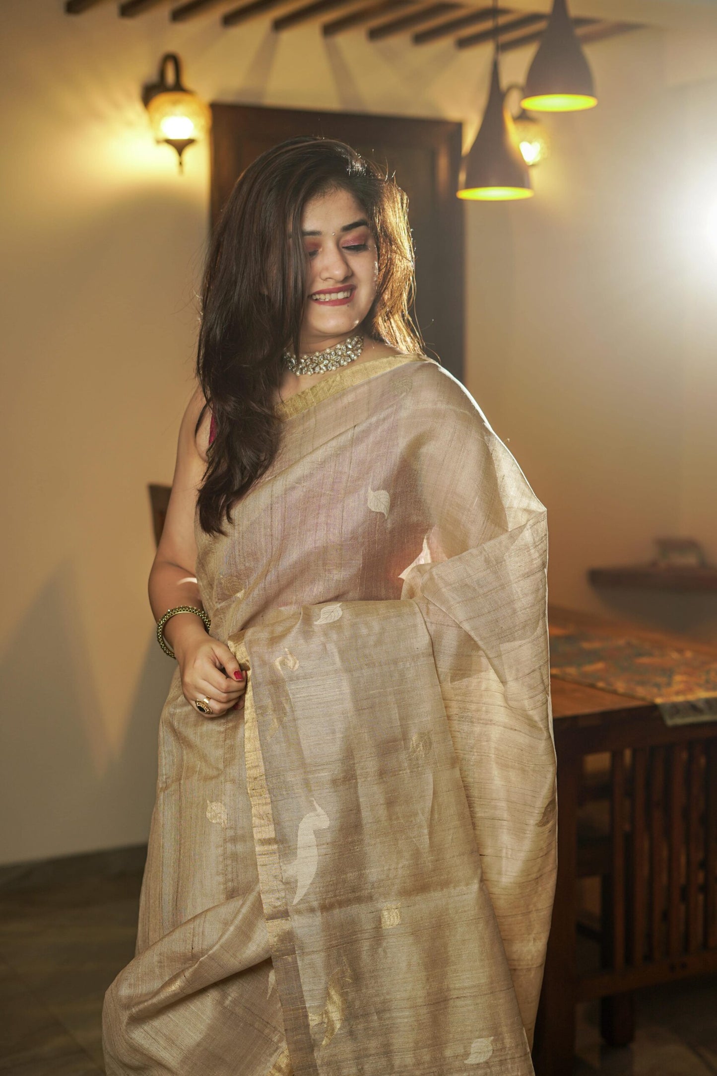 Beige Tussar Handwoven Saree