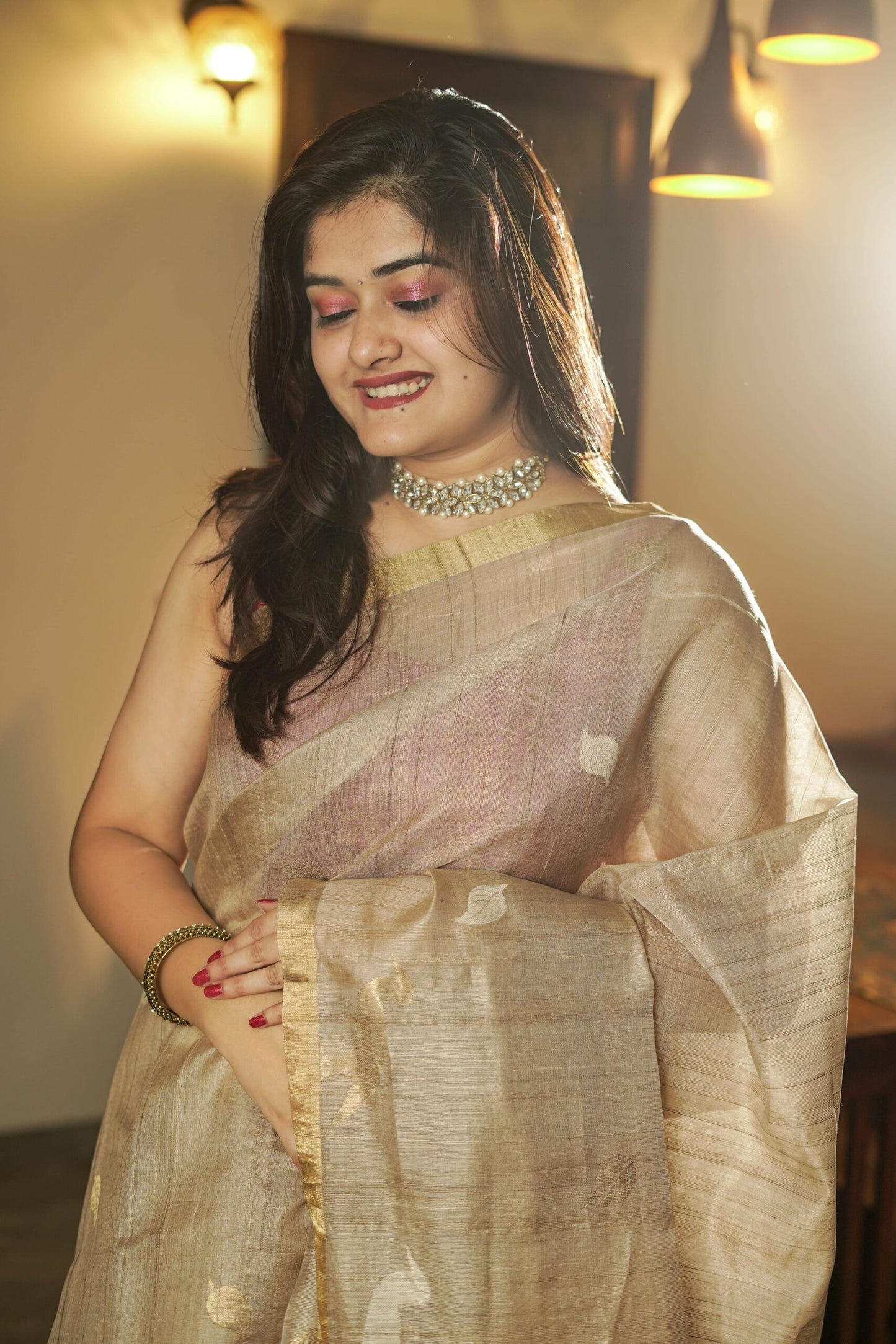 Beige Tussar Handwoven Saree