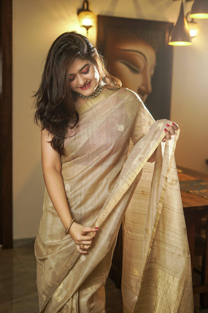 Beige Tussar Handwoven Saree