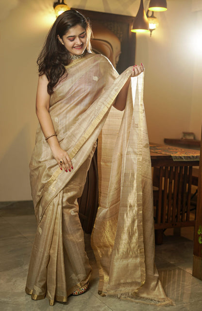 Beige Tussar Handwoven Saree