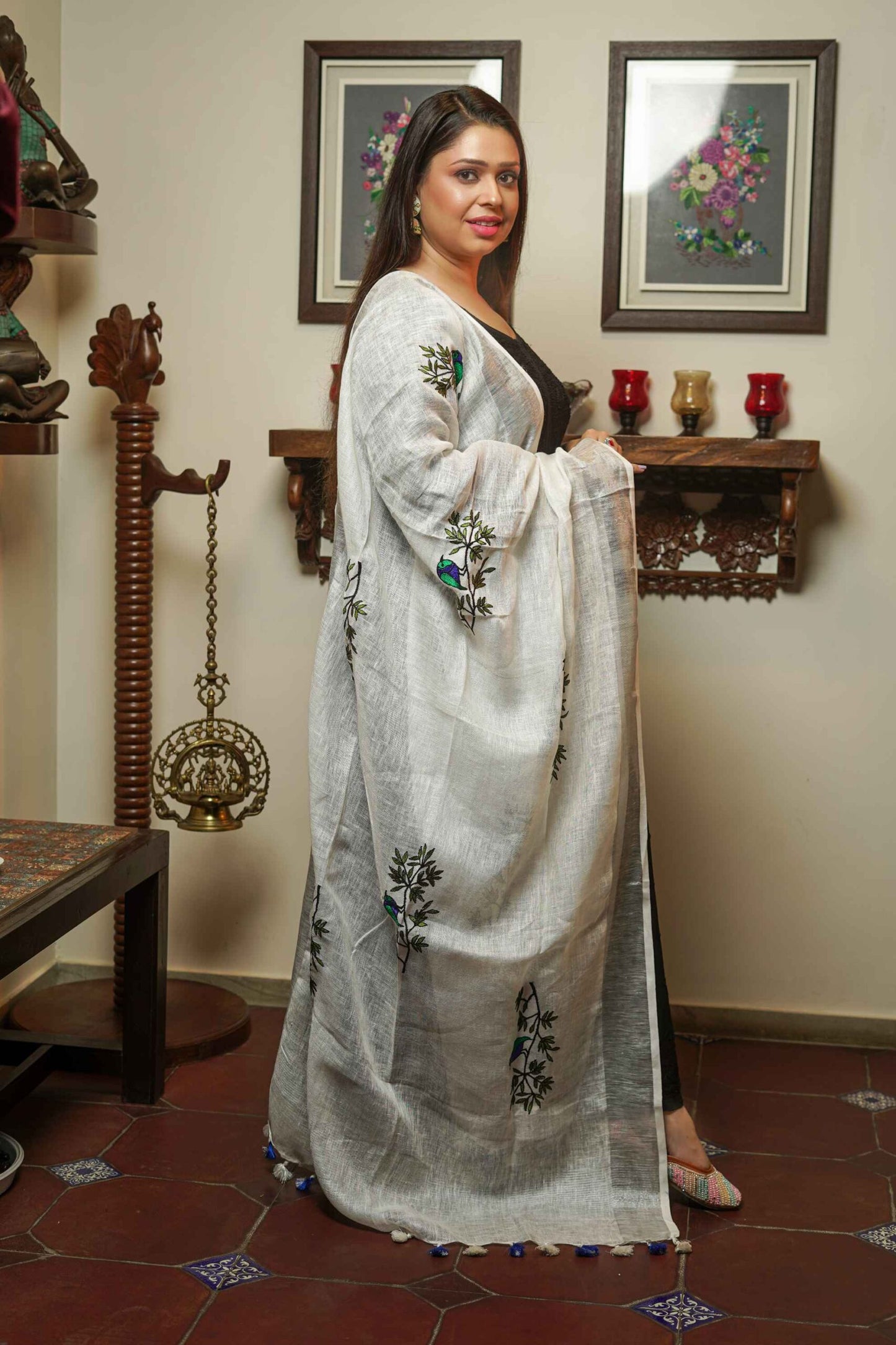 White & Green Linen Cotton Dupatta