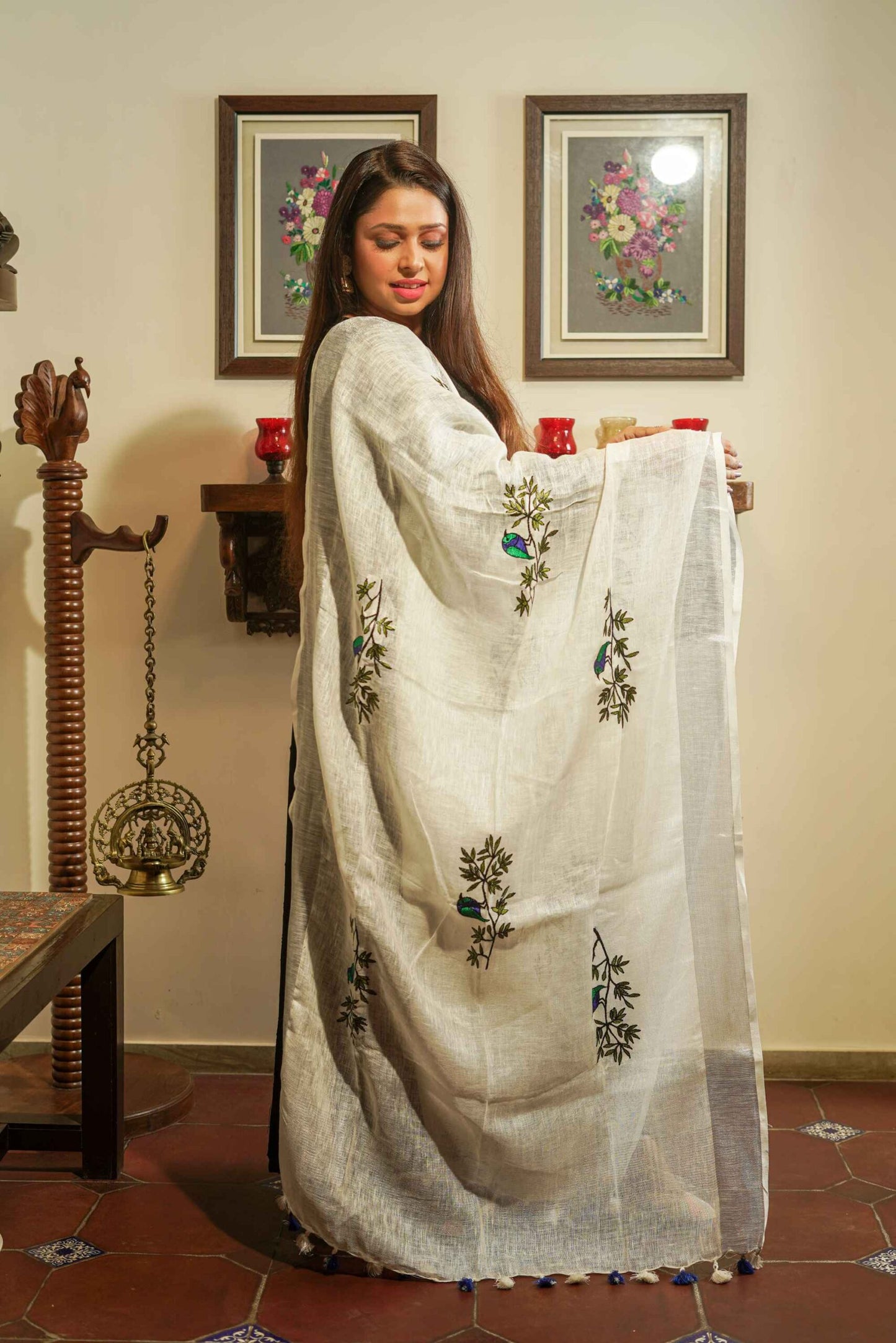 White & Green Linen Cotton Dupatta