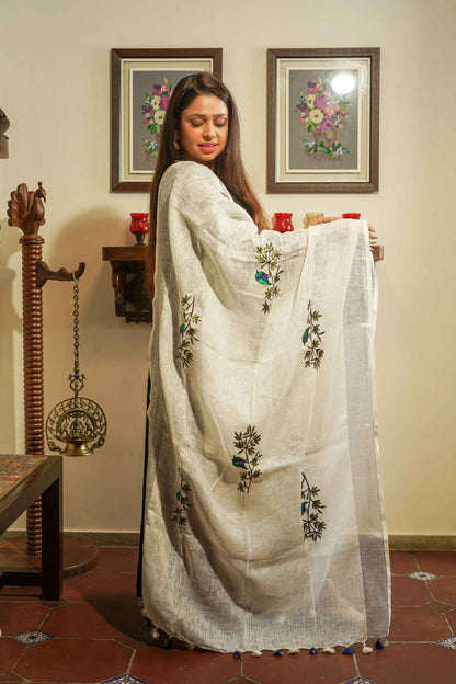 White & Green Linen Cotton Dupatta