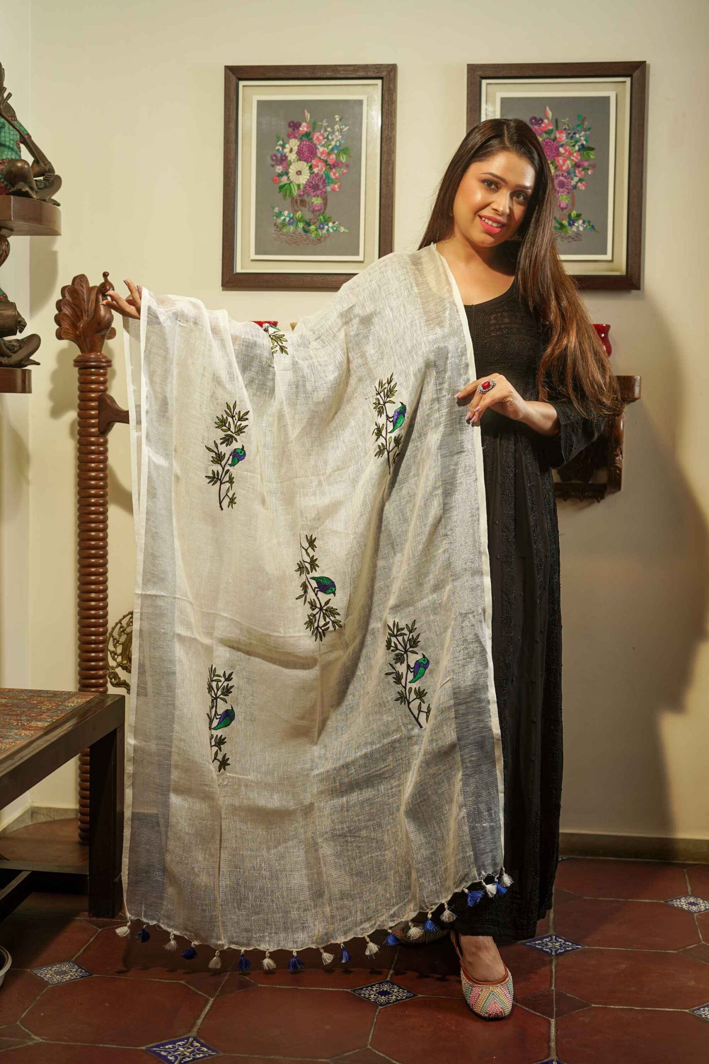 White & Green Linen Cotton Dupatta