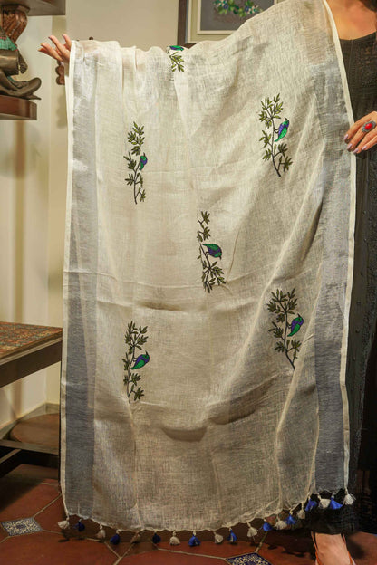 White & Green Linen Cotton Dupatta