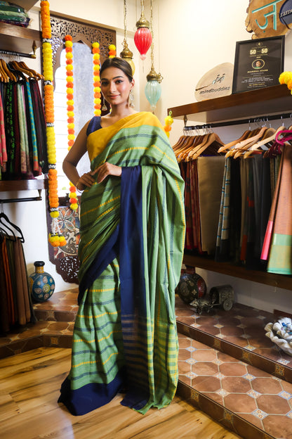 Green Soft Cotton Saree with Ganga Jamuna Border