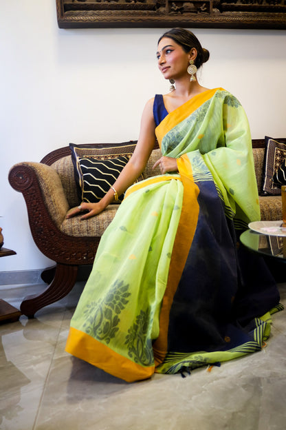 Pastel Green and Blue Handwoven Saree