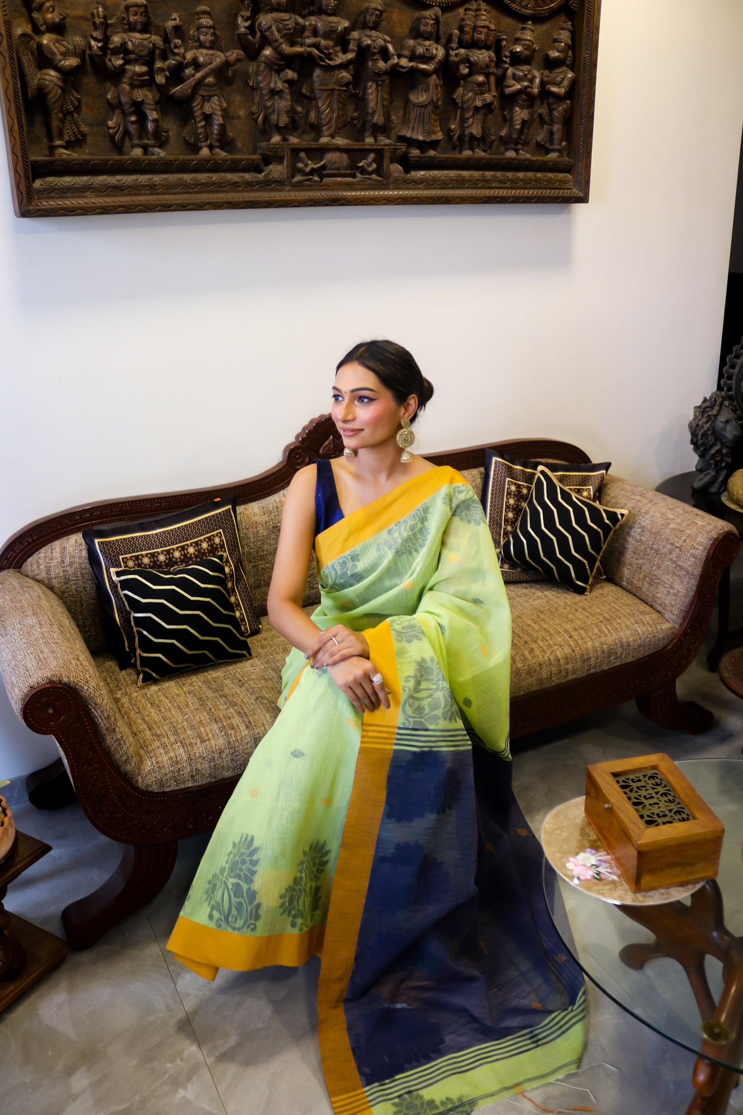 Pastel Green and Blue Handwoven Saree