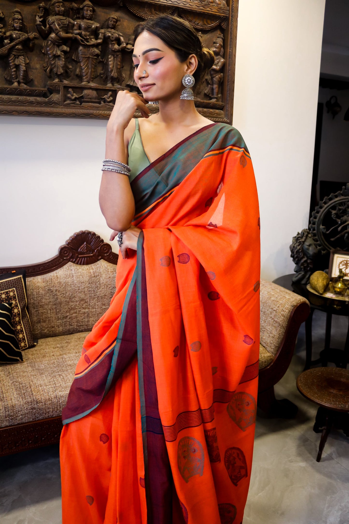 Orange Soft Cotton Saree with Kula Design