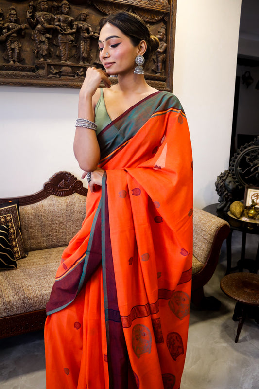 Orange Soft Cotton Saree with Kula Design