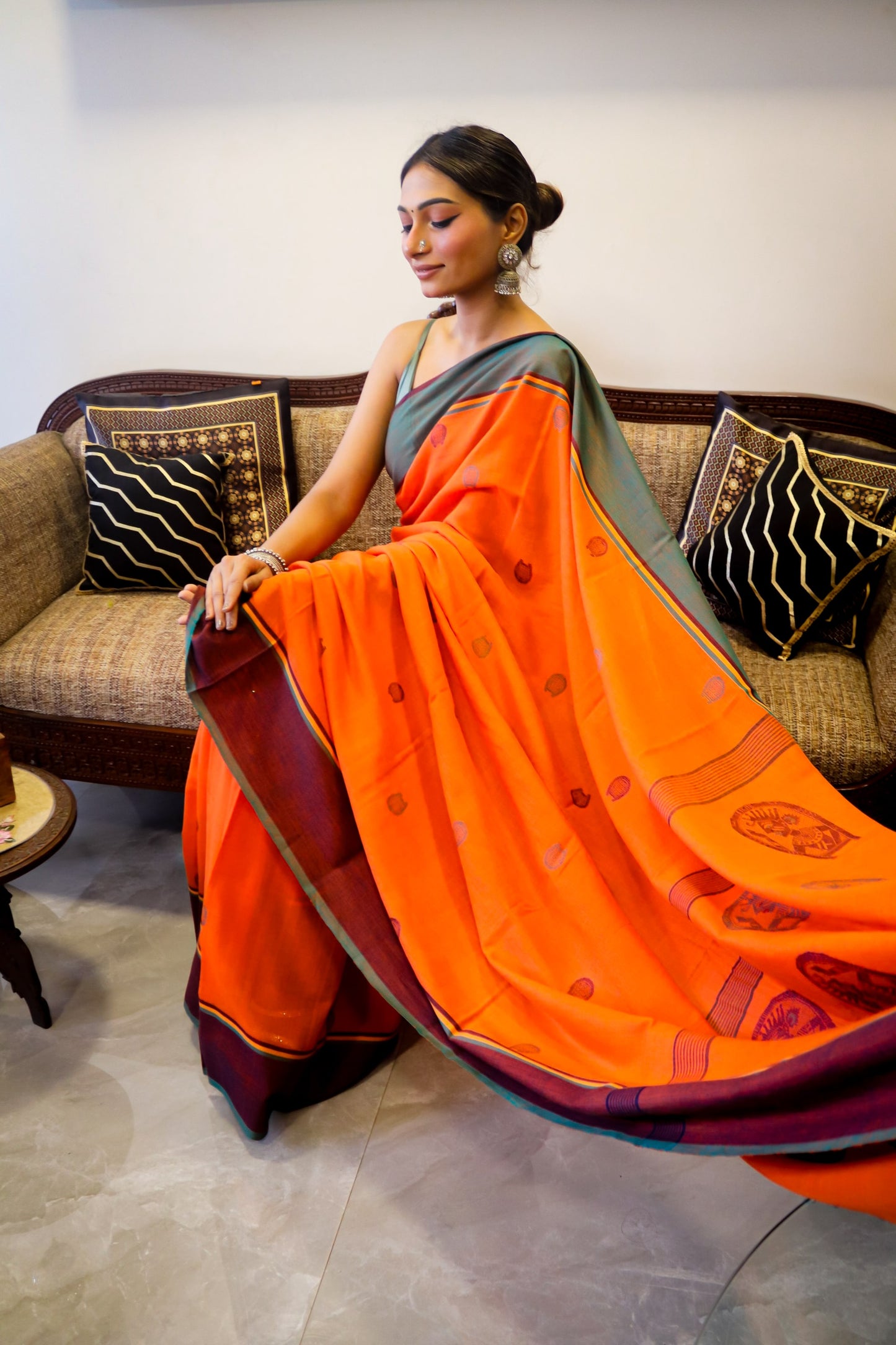 Orange Soft Cotton Saree with Kula Design