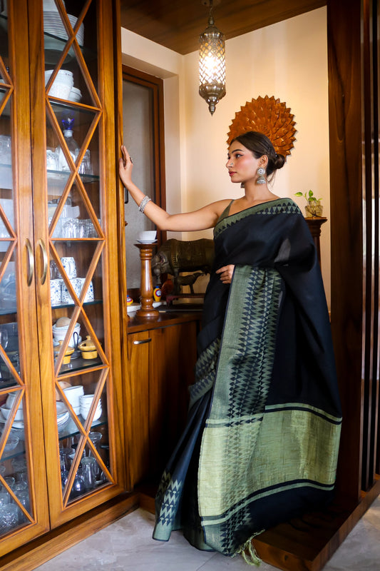 Black and Green Moonga Silk Saree