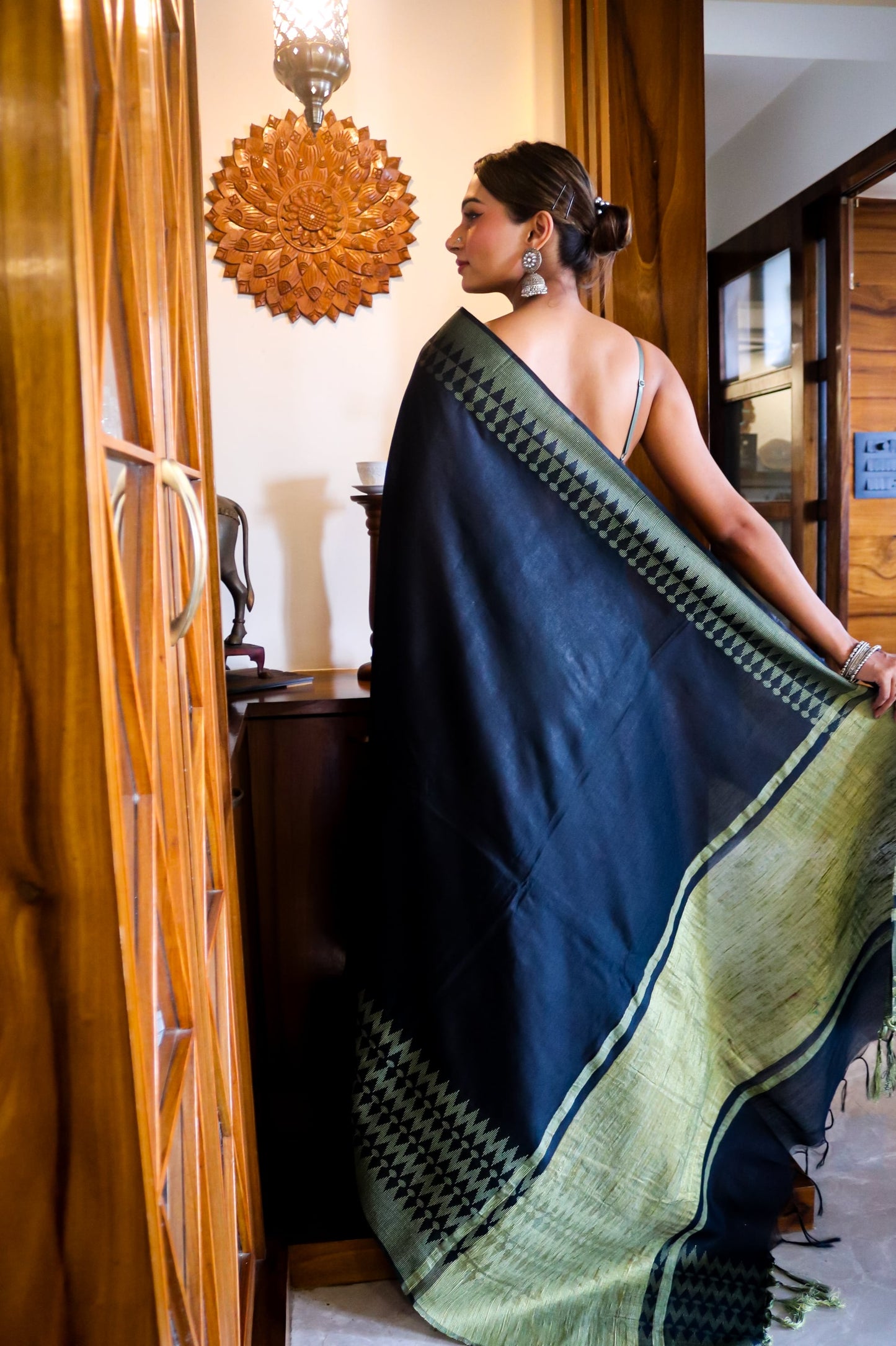 Black and Green Moonga Silk Saree