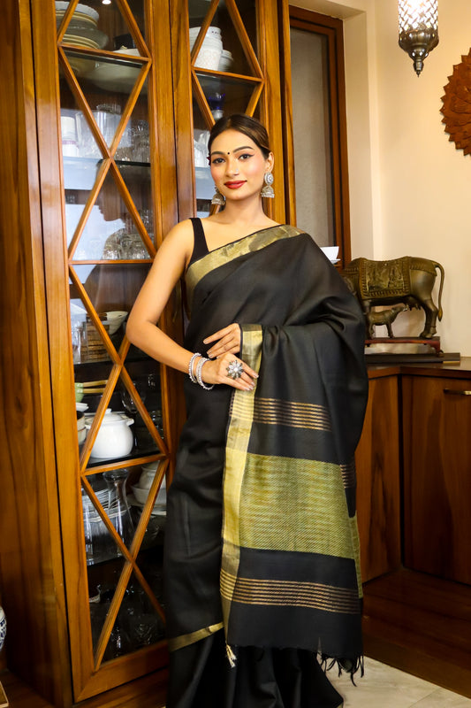 Black and Green Cotton Silk Saree with Zari Border