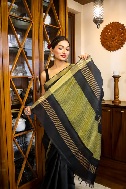 Black and Green Cotton Silk Saree with Zari Border