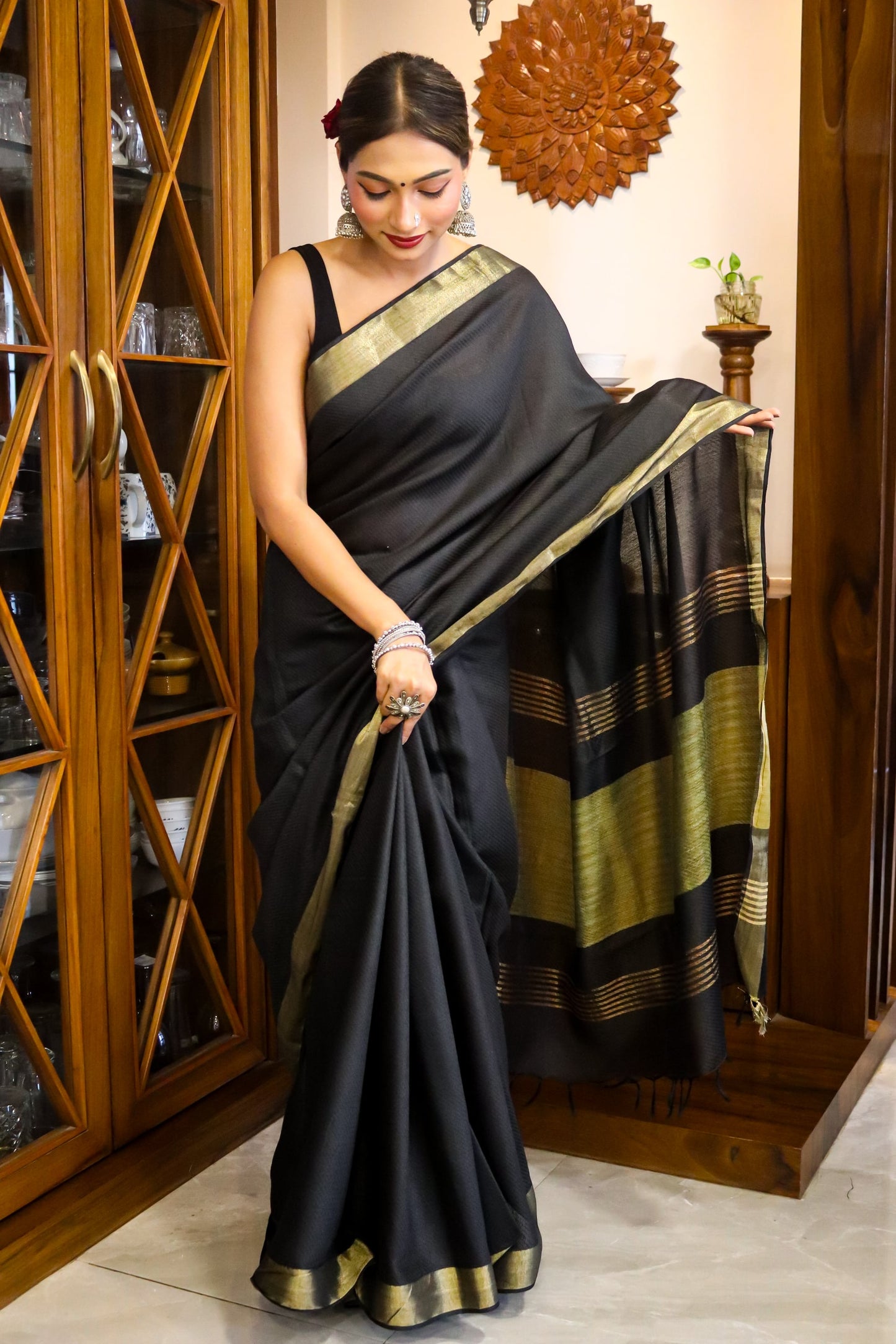 Black and Green Cotton Silk Saree with Zari Border