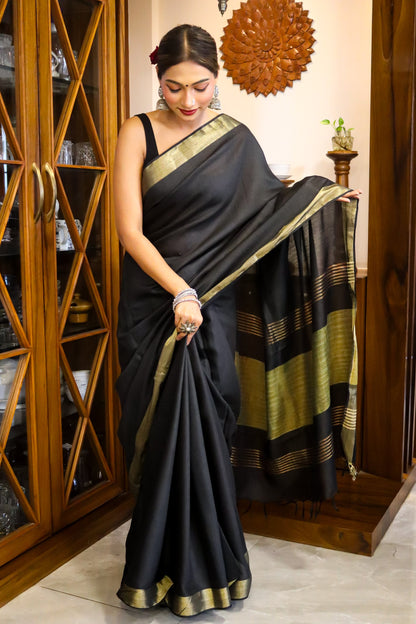 Black and Green Cotton Silk Saree with Zari Border