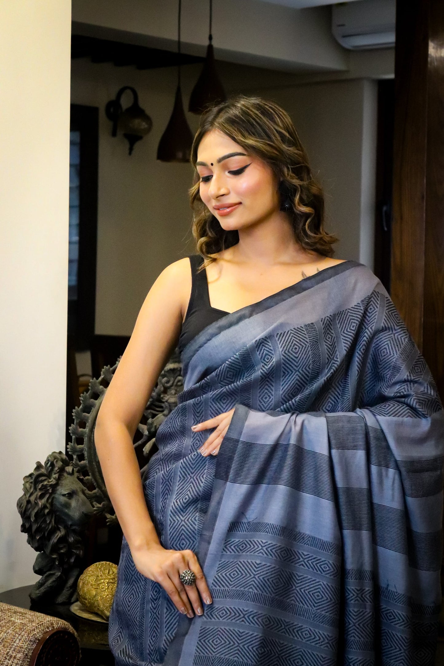 Deep Grey and Black Cotton Tussar Saree