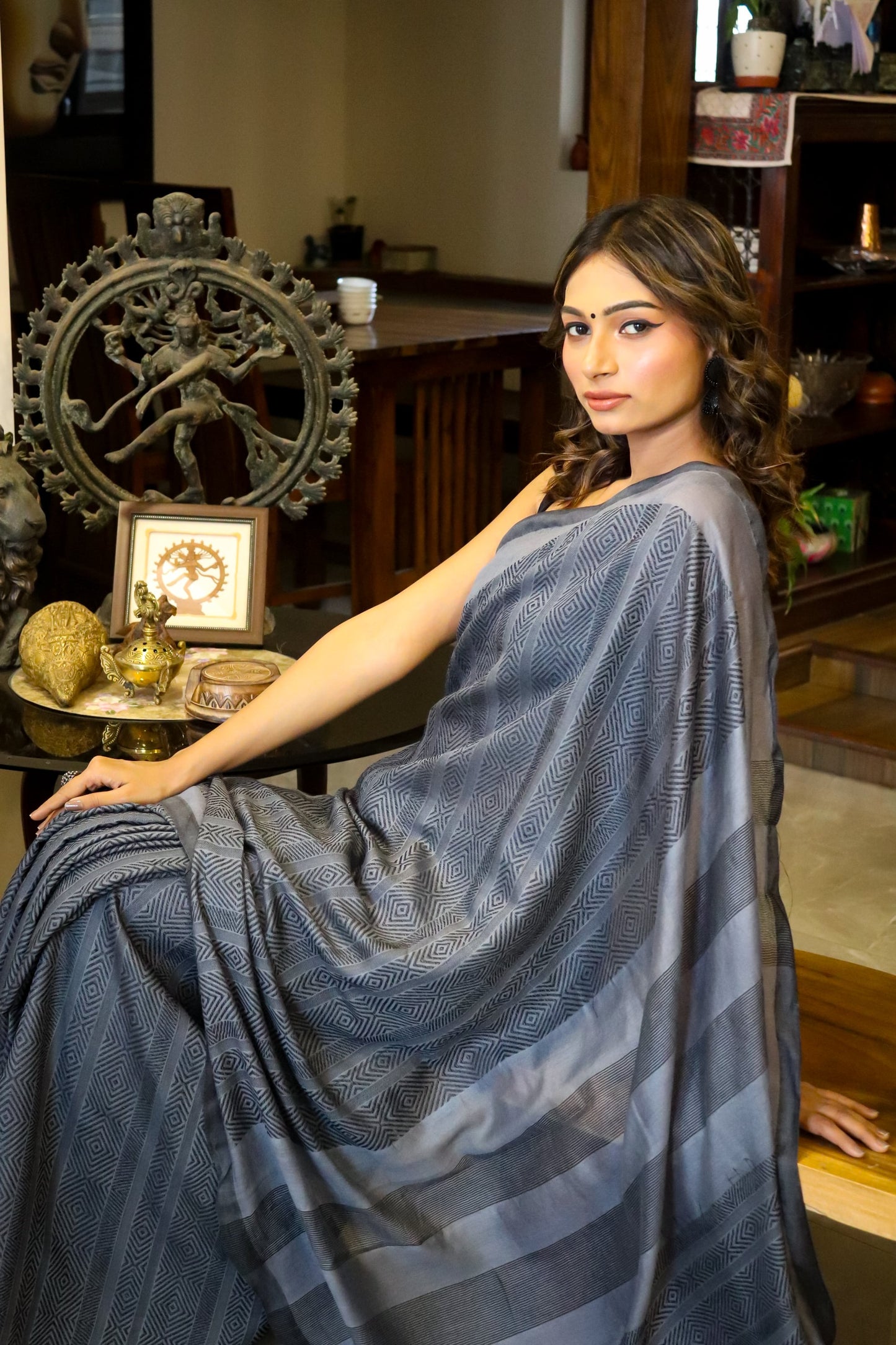 Deep Grey and Black Cotton Tussar Saree