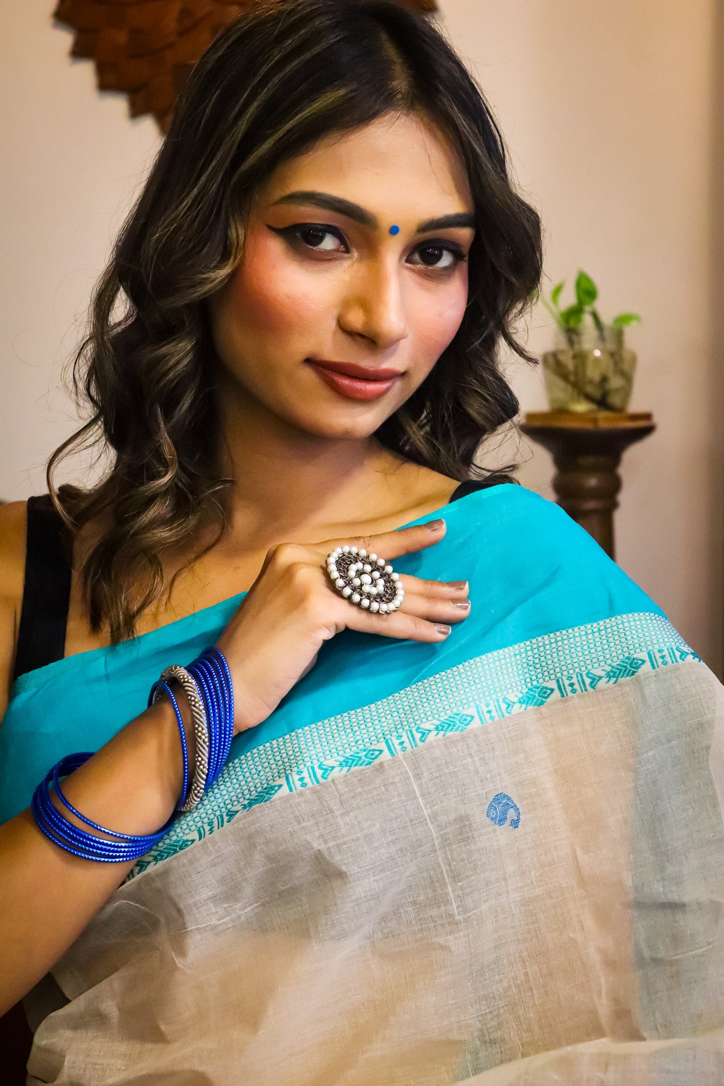 Blue and Beige Soft Cotton Saree