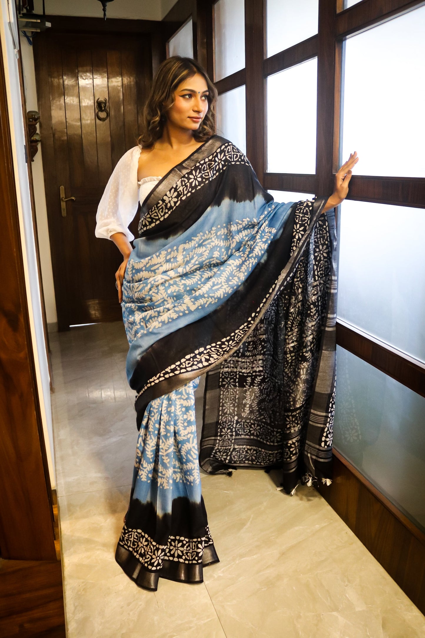 Black and Sky Blue Batik Cotton Saree with Zari Base